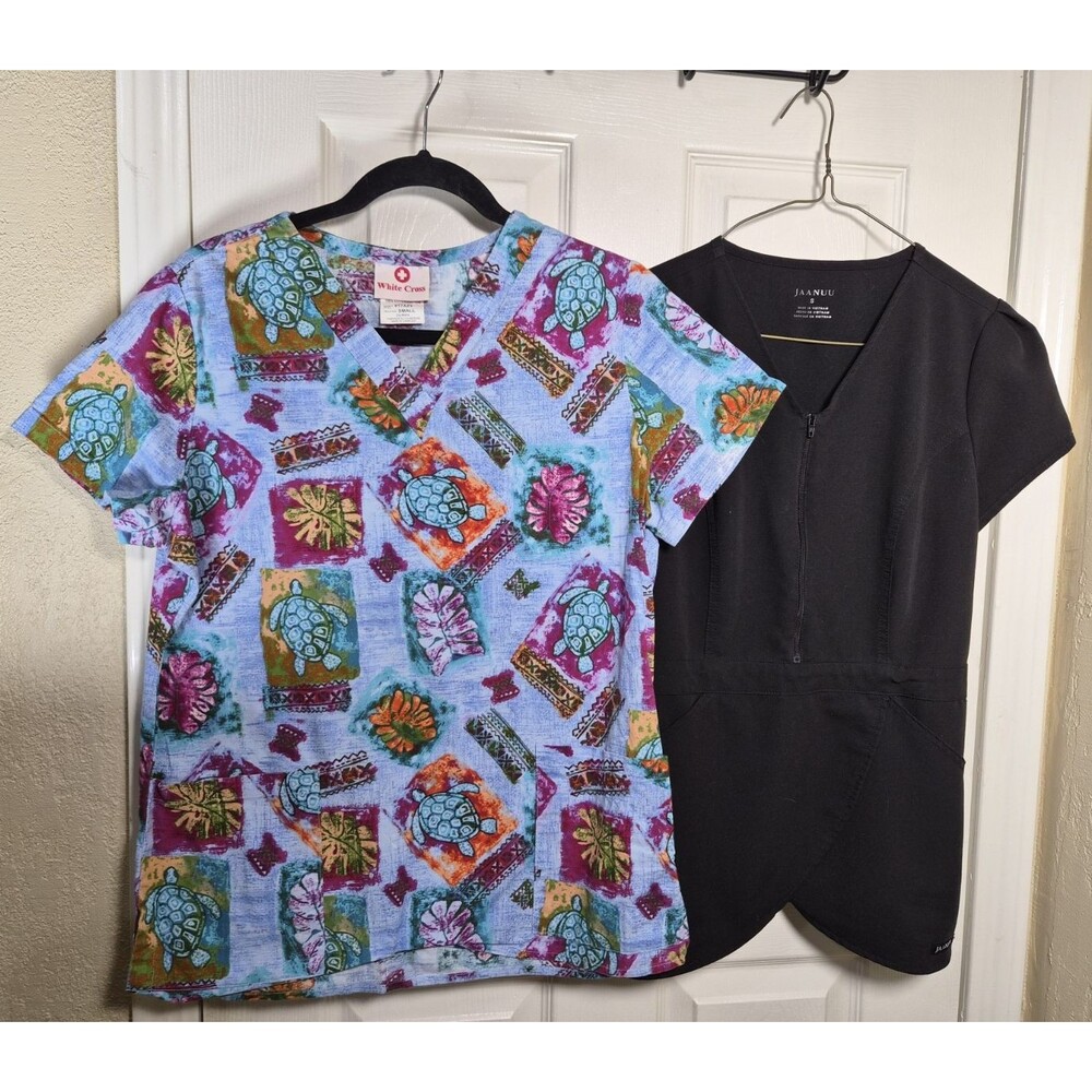 Lot 2 Small Scrub Tops: Solid Black & Fun Colorful Turtle Print Medical